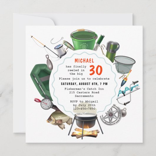魚釣り30thバースデーフィッシャーマンアウトドアキャンプ 招待状 (正面)