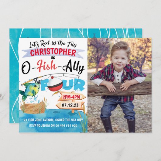 魚釣り4th誕生日O-Fish-Ally 4写真 招待状 (正面/裏面)