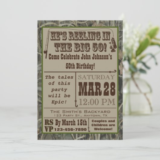 魚釣り50番目の誕生日招待状と迷彩柄 招待状 (スタンド正面)