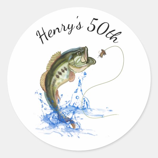 魚釣り50誕生日クラシックラウンドステッカー ラウンドシール (正面)