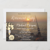 魚釣り、サンセットワイングラス、風船退職パーティー 招待状 (正面)