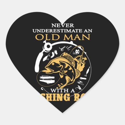 魚釣り-魚釣り棒を持つ老人 ハートシール (正面)