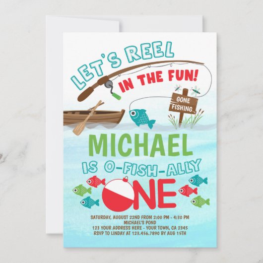 魚釣り、O-Fish-aly-One誕生日 招待状 (正面)