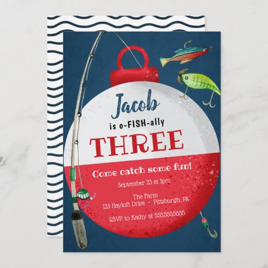 魚釣りO – 魚類誕生日招待状 招待状 (正面/裏面)