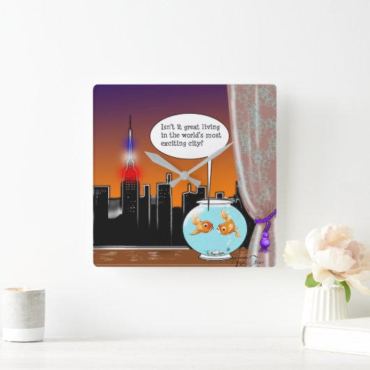 魚鉢に魚を入れたニューヨーク市生活漫画 スクエア壁時計 (ホーム)