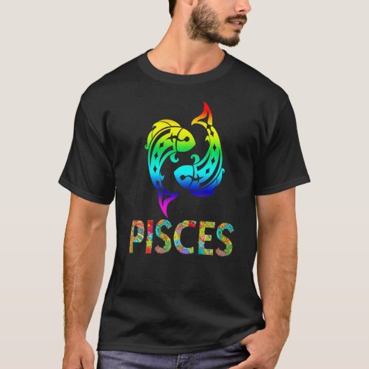 魚類〔占星術の〕十二宮図カラフル標識魚パターン Tシャツ (正面)