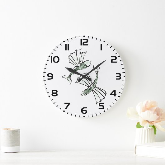 魚飛んでいる手描き海 ラージ壁時計