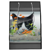 魚飼育用の水槽で凝視している猫 ミディアムペーパーバッグ (正面)