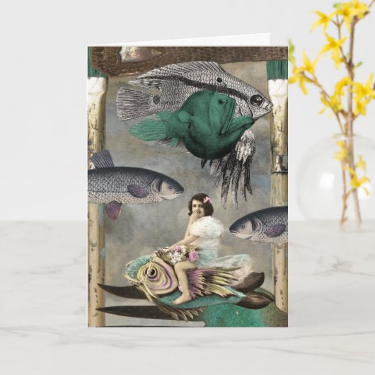 魚、デジタルコラージュ、誕生日の十分の土地 カード (黄色い花)