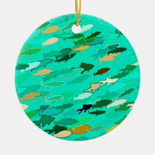 魚・水色・緑・金ゴールド セラミックオーナメント (正面)