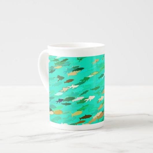 魚・水色・緑・金ゴールド ボーンチャイナマグカップ (正面左)