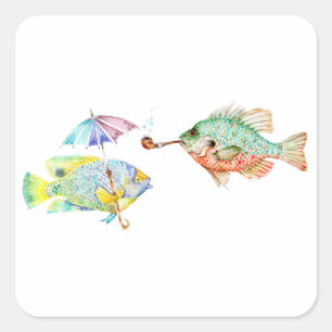 魚 – Two Fish Art水彩のプリント絵画。 スクエアシール