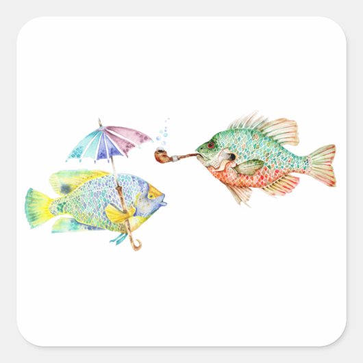 魚 – Two Fish Art水彩のプリント絵画。 スクエアシール (正面)