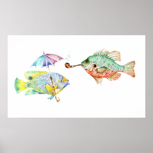 魚 – Two Fish Art水彩のプリント絵画。 ポスター (正面)