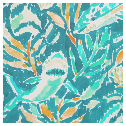 鮫のかみ傷のアクアマリンの海の生命水彩画 ファブリック (見本)