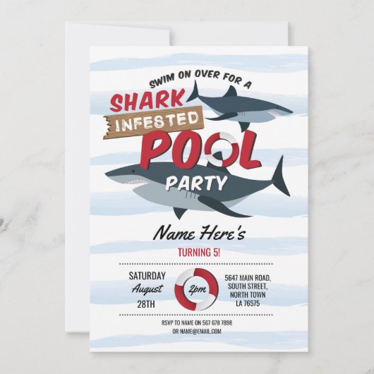 鮫のプールを囲んでのパーティのおもしろいの青海原の誕生日の招待 招待状 (正面)