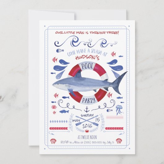 鮫の誕生日のプールのパーティの招待状 招待状 (正面)