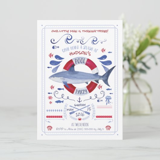 鮫の誕生日のプールのパーティの招待状 招待状 (スタンド正面)