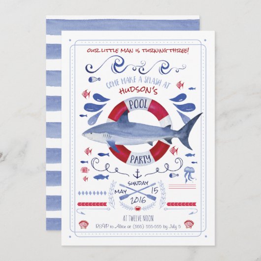 鮫の誕生日のプールのパーティの招待状 招待状 (正面/裏面)