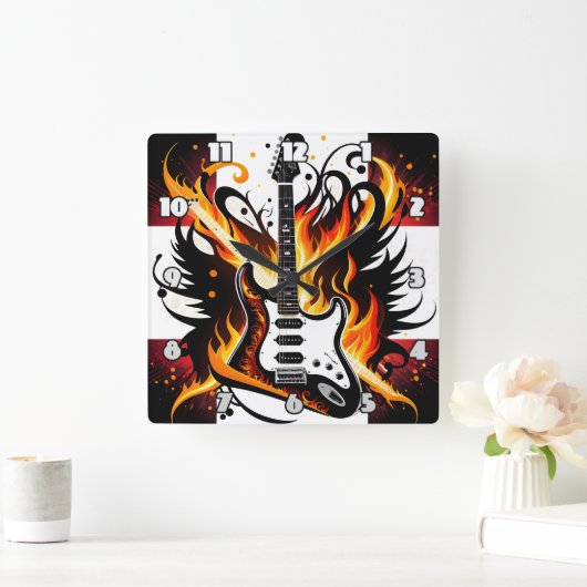 鮮はっきりしたやかな色のギターデザイン スクエア壁時計 (ホーム)