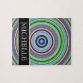 鮮やかでカラフルな円かリングパターン + 名前 ジグソーパズル (横)