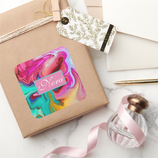 鮮やかでモダンな大理石の水彩画は個人化なります スクエアシール (ギフト)