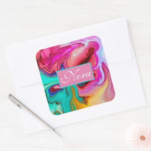 鮮やかでモダンな大理石の水彩画は個人化なります スクエアシール (封筒)