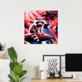 鮮やかで可愛いウッドランドアライグマ赤い自然シーン ポスター (ホームオフィス)