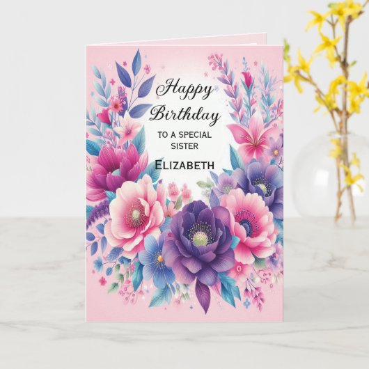 鮮やかで可愛いピンクの紫の青い花 カード (黄色い花)