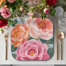 鮮やかで大胆な花を飾った明るい ブライダルシャワー ペーパープレート