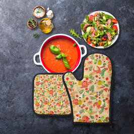 鮮やかで美しいサラダ素材ベージュ 鍋つかみ&鍋敷きセット