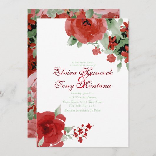 鮮やかで赤い水彩画は、結婚式招待状上がりました 招待状 (正面/裏面)