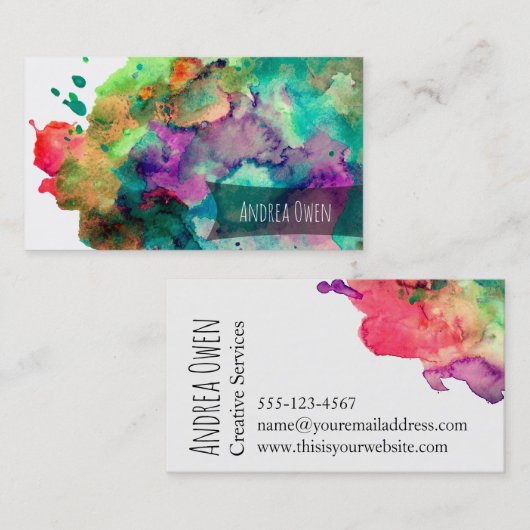 鮮やかで、カラフルな水彩画のペンキの（ばちゃばちゃ）跳ねる 名刺 (正面/裏面)