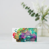 鮮やかで、カラフルな水彩画のペンキの(ばちゃばちゃ)跳ねる 名刺 (スタンド正面)