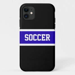 鮮やかなはっきりしたブルーの白黒ストライプの「サッカー」文字 iPhone 11 ケース