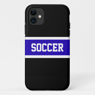 鮮やかなはっきりしたブルーの白黒ストライプの「サッカー」文字 iPhone 11 ケース