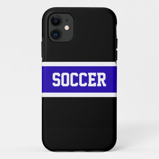 鮮やかなはっきりしたブルーの白黒ストライプの「サッカー」文字 Case-Mate iPhoneケース (裏面)