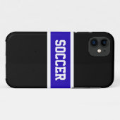 鮮やかなはっきりしたブルーの白黒ストライプの「サッカー」文字 Case-Mate iPhoneケース (裏面(横))