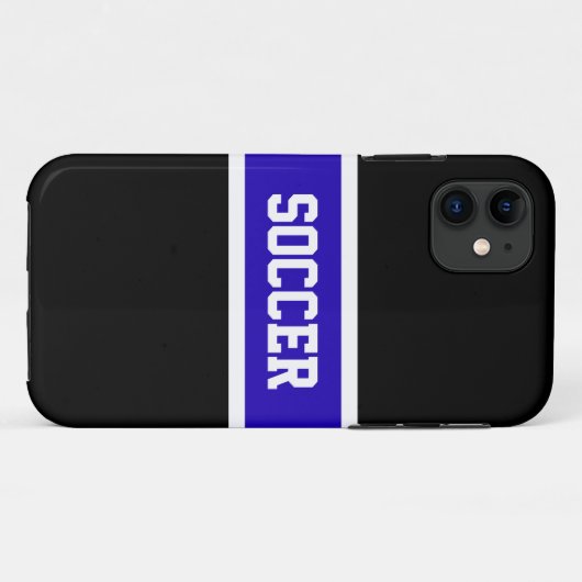 鮮やかなはっきりしたブルーの白黒ストライプの「サッカー」文字 Case-Mate iPhoneケース (裏面(横))