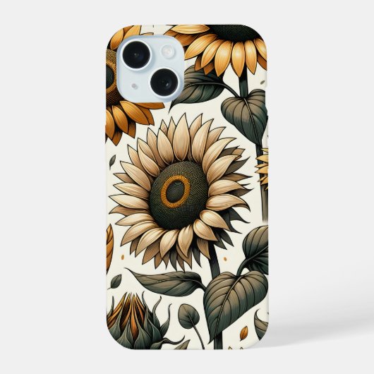 鮮やかなひまわりのパターン iPhone 15ケース (裏面)