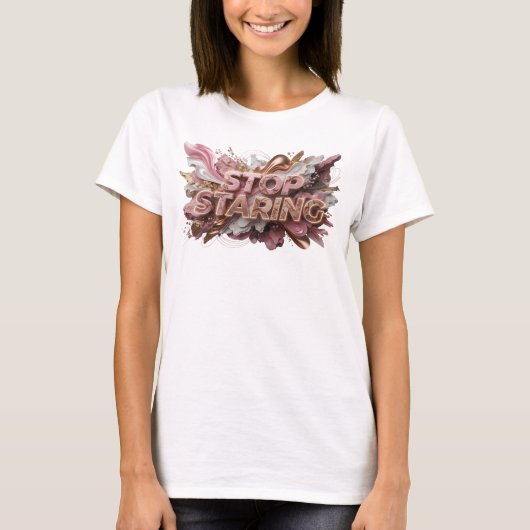 鮮やかなる赤のSTOP+STARINGプリント Tシャツ (正面)