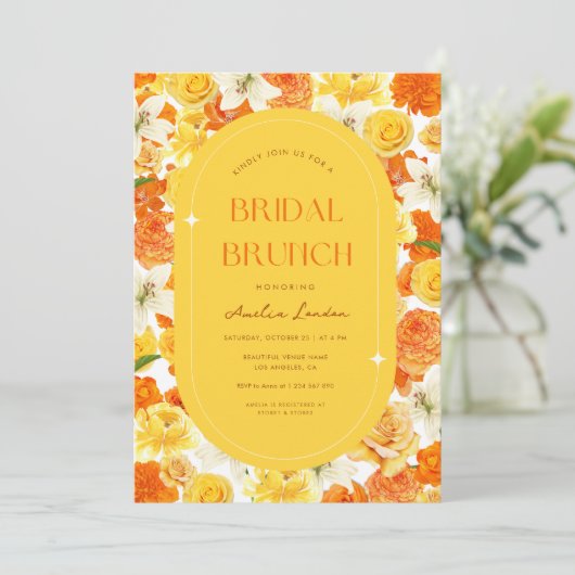 鮮やかなイエローオレンジの花柄 ブライダルランチ 招待状 (スタンド正面)