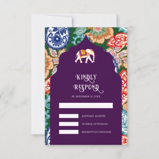鮮やかなインドの民俗芸術の象のアブガニン色の結婚式 出欠カード (正面)