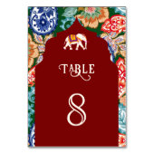 鮮やかなインドの民俗芸術の象のダークレッドウェディング テーブルナンバー (正面)