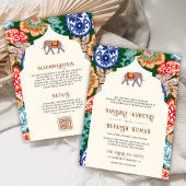 鮮やかなインドの民俗芸術の象をフィーチャーしたクリーム色のウェディング 招待状