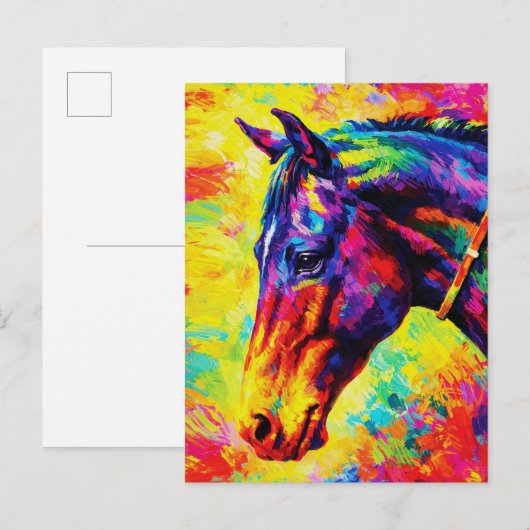 鮮やかなインパストの馬の肖像画 カラフルな野生 ポストカード (正面/裏面)