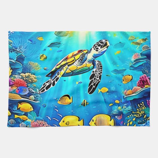 鮮やかなウミガメのサンゴ礁アート キッチンタオル (横)
