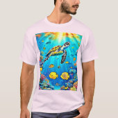 鮮やかなウミガメのサンゴ礁アート Tシャツ (正面)