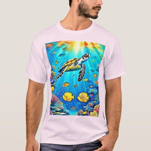 鮮やかなウミガメのサンゴ礁アート Tシャツ (正面)