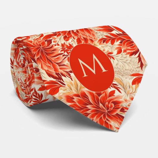 鮮やかなオレンジとクリームの花柄 ネクタイ (ロール)